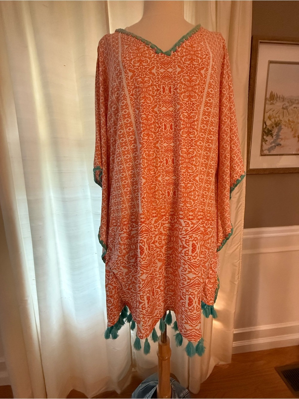 Orange Cabana Life Printed Tassel Kaftan with Teal Trim 50 SPF